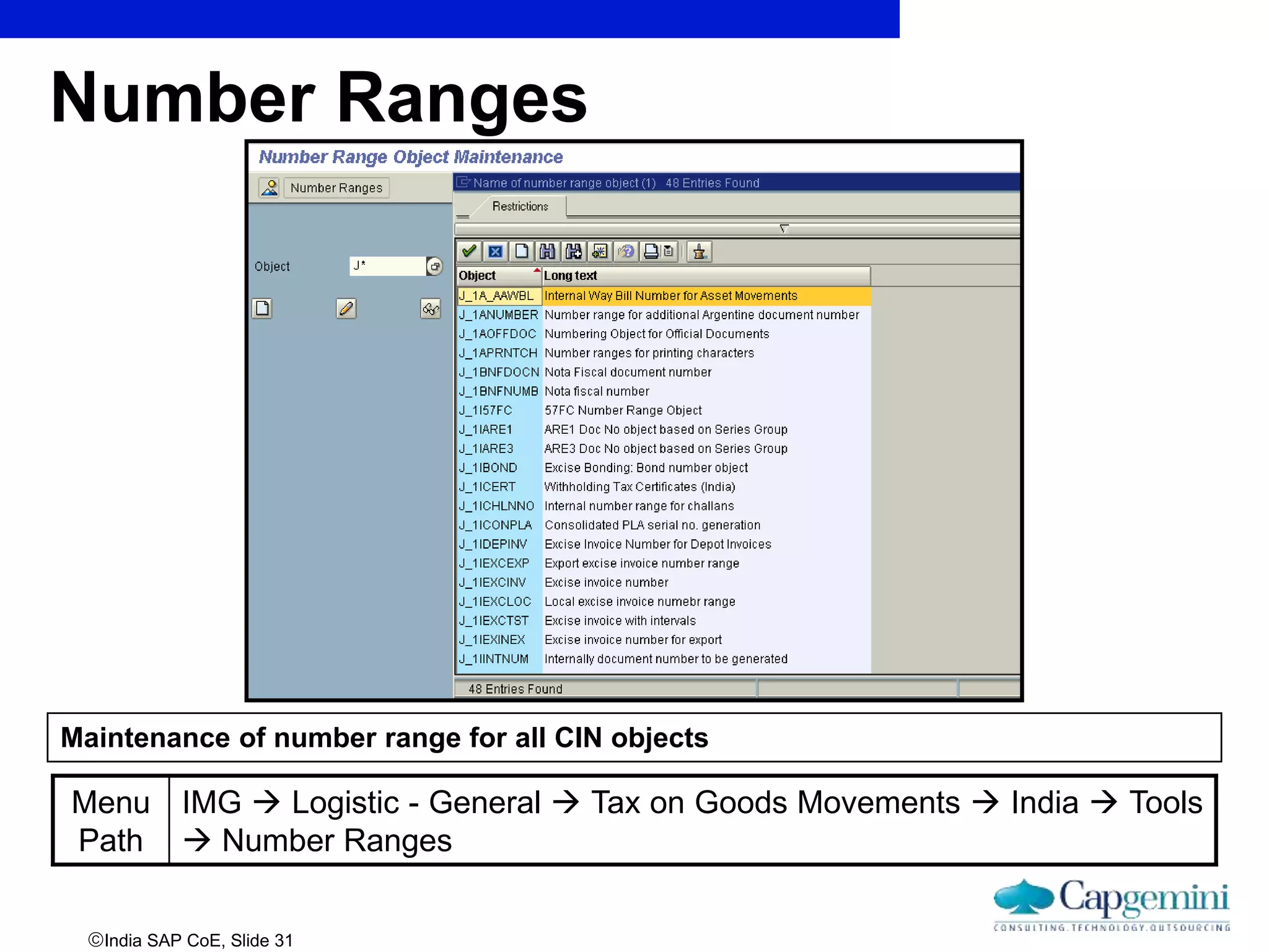 India SAP CoE, Slide 31
Number Ranges
Menu
Path
IMG  Logistic - General  Tax on Goods Movements  India  Tools
 Number Ranges
Maintenance of number range for all CIN objects
 