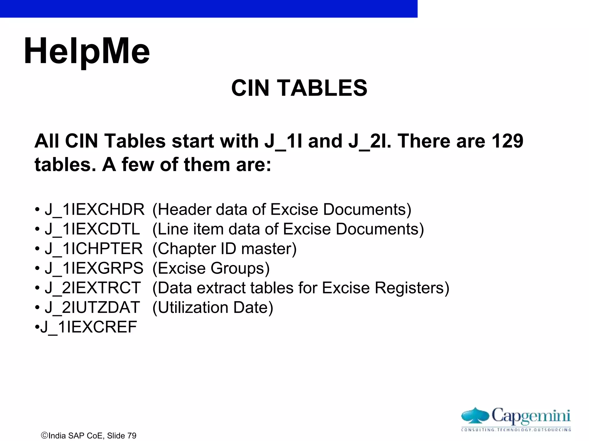 India SAP CoE, Slide 79
HelpMe
CIN TABLES
All CIN Tables start with J_1I and J_2I. There are 129
tables. A few of them are:
• J_1IEXCHDR (Header data of Excise Documents)
• J_1IEXCDTL (Line item data of Excise Documents)
• J_1ICHPTER (Chapter ID master)
• J_1IEXGRPS (Excise Groups)
• J_2IEXTRCT (Data extract tables for Excise Registers)
• J_2IUTZDAT (Utilization Date)
•J_1IEXCREF
 