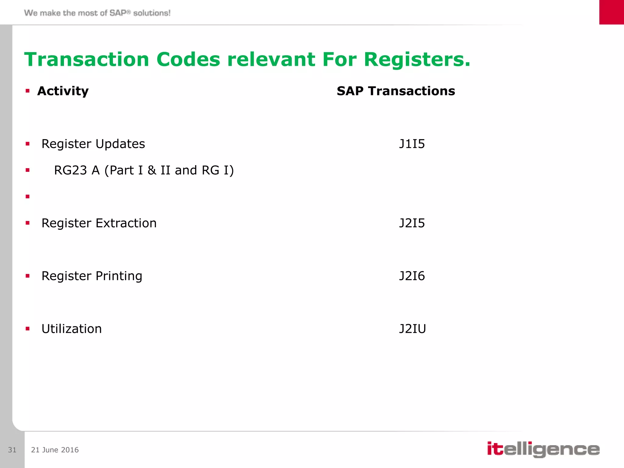 Transaction Codes relevant For Registers.
 Activity SAP Transactions
 Register Updates J1I5
 RG23 A (Part I & II and RG I)

 Register Extraction J2I5
 Register Printing J2I6
 Utilization J2IU
21 June 201631
 