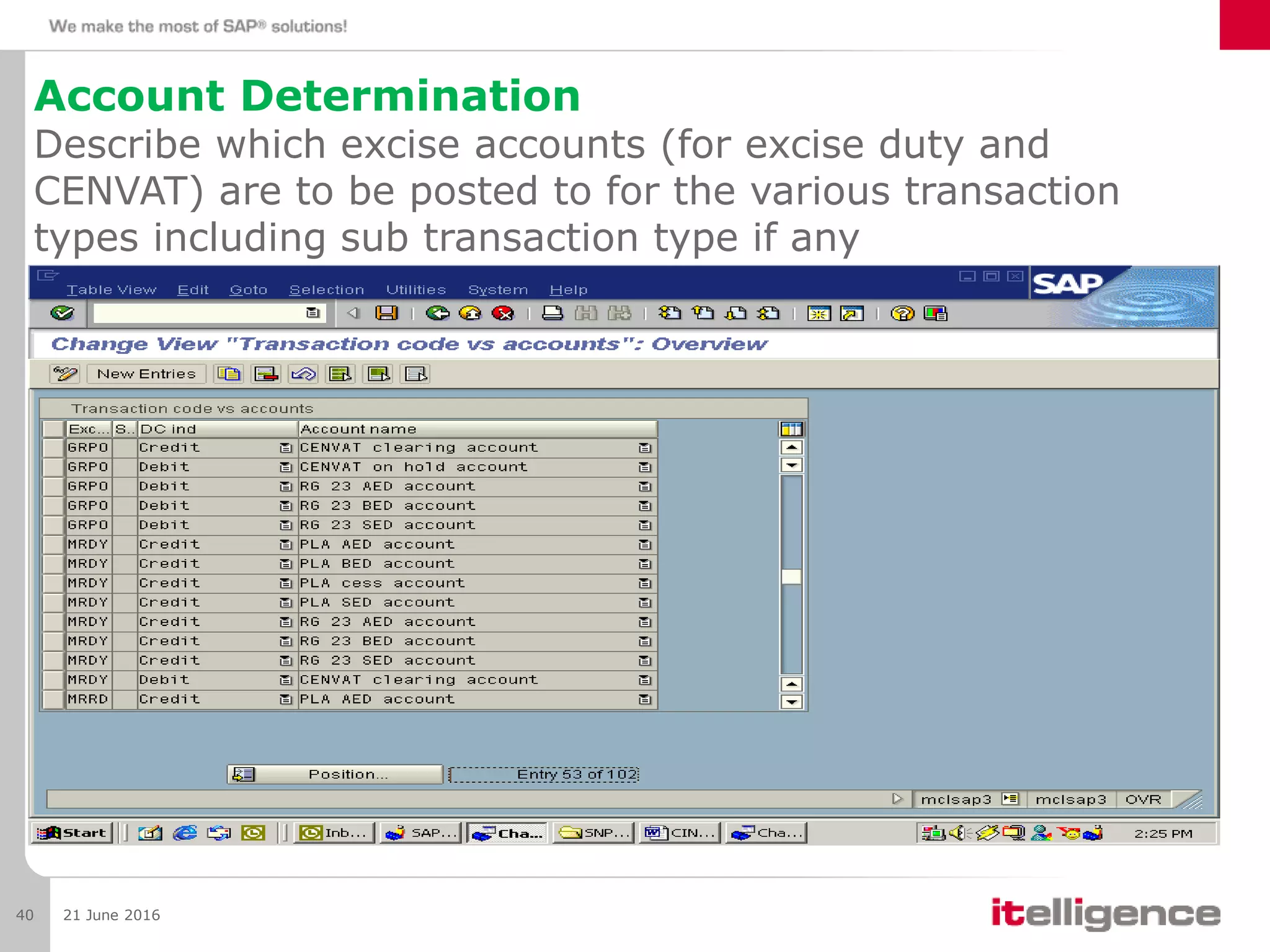 Account Determination
Describe which excise accounts (for excise duty and
CENVAT) are to be posted to for the various transaction
types including sub transaction type if any
21 June 201640
 