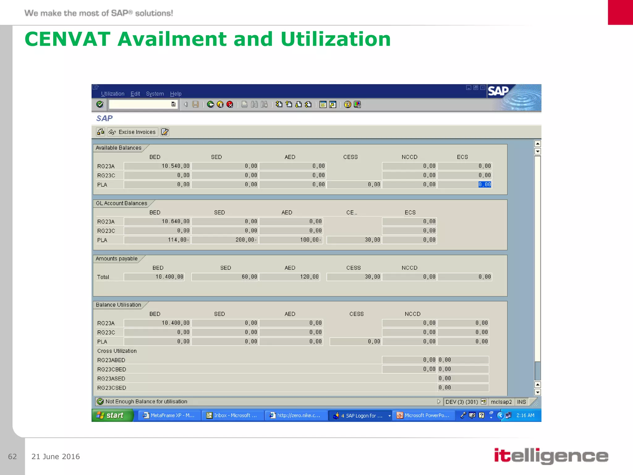 CENVAT Availment and Utilization
21 June 201662
 