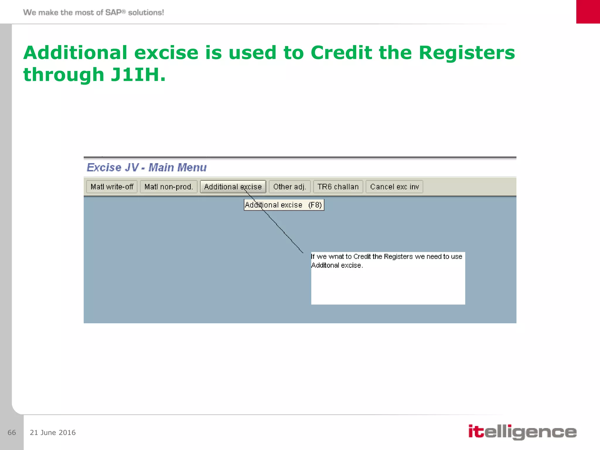 Additional excise is used to Credit the Registers
through J1IH.
21 June 201666
 