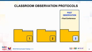 MATATAG Curriculum Training | 2024
CLASSROOM OBSERVATION PROTOCOLS
18
1 2 3
POST
OBSERVATION
- Post Conference
 