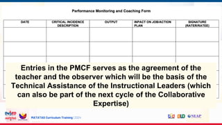 MATATAG Curriculum Training | 2024
Entries in the PMCF serves as the agreement of the
teacher and the observer which will be the basis of the
Technical Assistance of the Instructional Leaders (which
can also be part of the next cycle of the Collaborative
Expertise)
 