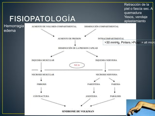 Hemorragia
edema
Retracción de la
piel o fascia sec. A
quemadura
Yesos, vendaje
aplastamiento
>30 mmHg, Pinters.>Pcap. = alt micro
 