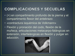• (+) en compartimento profundo de la pierna y el
compartimento flexor del antebrazo
• «contractura isquémica de Volkmann»
• Flexión y pronación del codo, flexión de la
muñeca, articulaciones metacarpo-falángicas en
extensión, interfalángicas en flexión y pulgar en
aducción.
 