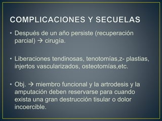 • Después de un año persiste (recuperación
parcial)  cirugía.
• Liberaciones tendinosas, tenotomías,z- plastias,
injertos vascularizados, osteotomías,etc.
• Obj.  miembro funcional y la artrodesis y la
amputación deben reservarse para cuando
exista una gran destrucción tisular o dolor
incoercible.
 