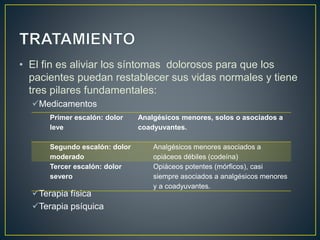 • El fin es aliviar los síntomas dolorosos para que los
pacientes puedan restablecer sus vidas normales y tiene
tres pilares fundamentales:
Medicamentos
Terapia física
Terapia psíquica
Primer escalón: dolor
leve
Analgésicos menores, solos o asociados a
coadyuvantes.
Segundo escalón: dolor
moderado
Analgésicos menores asociados a
opiáceos débiles (codeína)
Tercer escalón: dolor
severo
Opiáceos potentes (mórficos), casi
siempre asociados a analgésicos menores
y a coadyuvantes.
 