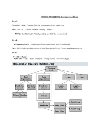 PRICING PROCEDURE: Configuration Steps
Step 1:
Condition Table ( if existing fulfill the requirement do not create one)
Path: SAP→ S D→ Basic function→ Pricing Control→ *
NOTE : Condition Table [ Mostly existing one fulfill the requirement]
Step 2:
Access Sequence: ( If Existing full fill the requirement do not create one)
Path: SAP→ Sales and Distribution → Basic function-> -Pricing Control→ Access sequence
Step 3:
Condition Type:
Path: SAP→ S.D.→ Basic functions→ Pricing Control→ Condition Type.
 
