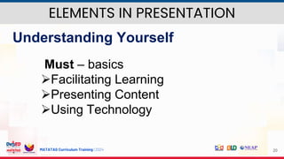 MATATAG Curriculum Training | 2024 20
Understanding Yourself
Must – basics
Facilitating Learning
Presenting Content
Using Technology
ELEMENTS IN PRESENTATION
 