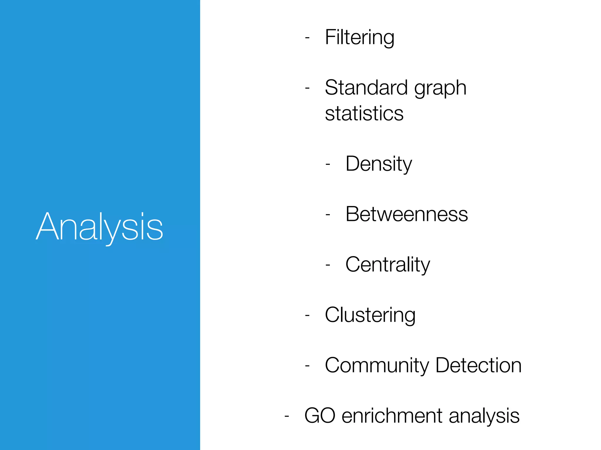 Analysis
- Filtering
- Standard graph
statistics
- Density
- Betweenness
- Centrality
- Clustering
- Community Detection
- GO enrichment analysis
 