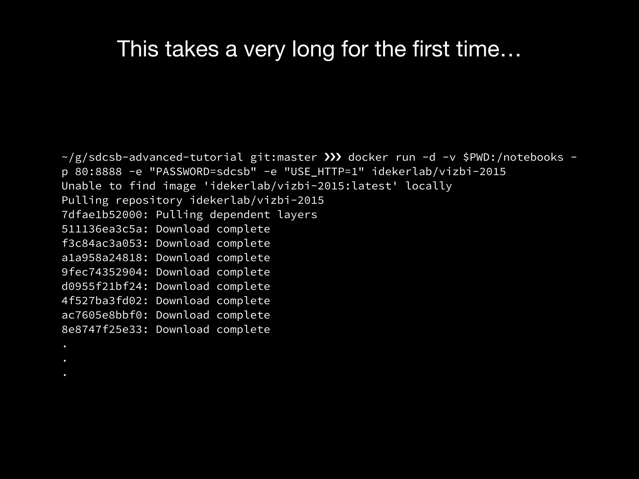 ~/g/sdcsb-advanced-tutorial git:master ›❯›❯›❯ docker run -d -v $PWD:/notebooks -
p 80:8888 -e "PASSWORD=sdcsb" -e "USE_HTTP=1" idekerlab/vizbi-2015
Unable to find image 'idekerlab/vizbi-2015:latest' locally
Pulling repository idekerlab/vizbi-2015
7dfae1b52000: Pulling dependent layers
511136ea3c5a: Download complete
f3c84ac3a053: Download complete
a1a958a24818: Download complete
9fec74352904: Download complete
d0955f21bf24: Download complete
4f527ba3fd02: Download complete
ac7605e8bbf0: Download complete
8e8747f25e33: Download complete
.
.
.
This takes a very long for the ﬁrst time…
 