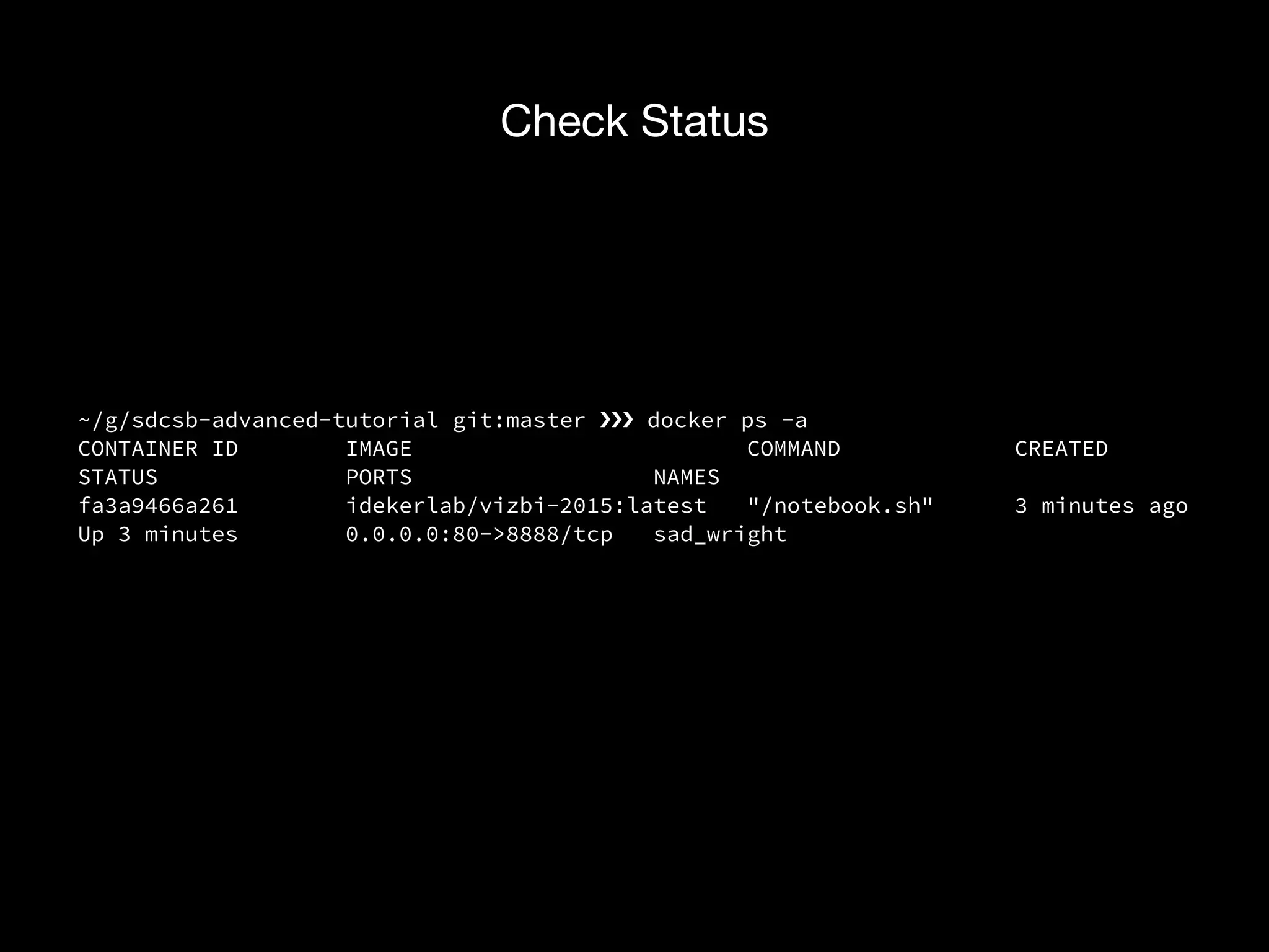 ~/g/sdcsb-advanced-tutorial git:master ›❯›❯›❯ docker ps -a
CONTAINER ID IMAGE COMMAND CREATED
STATUS PORTS NAMES
fa3a9466a261 idekerlab/vizbi-2015:latest "/notebook.sh" 3 minutes ago
Up 3 minutes 0.0.0.0:80->8888/tcp sad_wright
Check Status
 