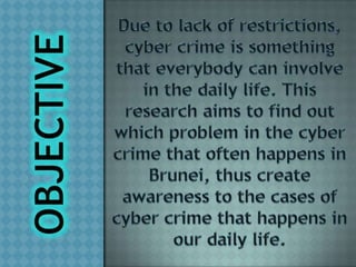 Due to lack of restrictions, cyber crime is something that everybody can involve in the daily life. This research aims to ...