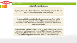 By 2025, Dow will deliver $1 billion in value through projects that are
good for business and good for ecosystems.
By 2020, all R&D, capital and real estate projects at Dow will be
screened using Nature’s Future Value assessments, a tool we
developed with The Nature Conservancy to measure the value of
ecosystem services.
We will support the development of an increasingly chemistry literate
society through our commitment to STEM (Science, Technology,
Engineering, Math) education, utilizing the passion and expertise of
our trained employee volunteers, Dow STEM Ambassadors.
Future Commitments
Dow Chemicals
16
 