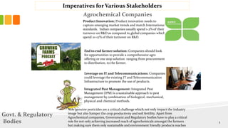 Imperatives for Various Stakeholders
Agrochemical Companies
Product Innovation: Product innovation needs to
capture emerging market trends and match International
standards. Indian companies usually spend 1-2% of their
turnover on R&D as compared to global companies which
spend 10-12% of their turnover on R&D.
End to end farmer solution: Companies should look
for opportunities to provide a comprehensive agro
offering or one stop solution ranging from procurement
to distribution, to the farmer.
Leverage on IT and Telecommunications: Companies
could leverage the existing IT and Telecommunication
Infrastructure to promote the use of products.
Integrated Pest Management: Integrated Pest
Management (IPM) is a sustainable approach to pest
management by combination of biological, mechanical,
physical and chemical methods.
Govt. & Regulatory
Bodies
Non-genuine pesticides are a critical challenge which not only impact the industry
image but also hamper the crop productivity and soil fertility. Apart from
Agrochemical companies, Government and Regulatory bodies have to play a critical
role for not only achieving increased reach of agrochemicals amongst the farmers
but making sure them only sustainable and environment friendly products reaches
3
 