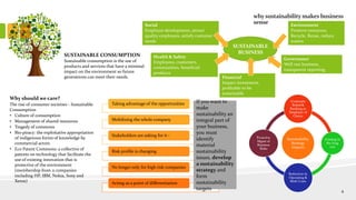 SUSTAINABLE CONSUMPTION
Sustainable consumption is the use of
products and services that have a minimal
impact on the environment so future
generations can meet their needs.
Why should we care?
The rise of consumer societies - Sustainable
Consumption
• Culture of consumption
• Management of shared resources
• Tragedy of commons
• Bio-piracy: the exploitative appropriation
of indigenous forms of knowledge by
commercial actors
• Eco Patent Commons: a collective of
patents on technology that facilitate the
use of existing innovation that is
protective of the environment
(membership from 11 companies
including HP, IBM, Nokia, Sony and
Xerox)
Taking advantage of the opportunities
Mobilizing the whole company
Stakeholders are asking for it -
Risk profile is changing
No longer only for high risk companies
Acting as a point of differentiation
If you want to
make
sustainability an
integral part of
your business,
you must
identify
material
sustainability
issues, develop
a sustainability
strategy and
form
sustainability
targets
Sustainability
Strategy
Impacts
Corporate
Brand &
Ranking as
Employer of
Choice
Existing in
the long
run
Reduction in
Operating &
Mnfr Costs
Proactive
Mgmt of
Business
Risks
whysustainabilitymakes business
senseSocial
Employee development, attract
quality employees, satisfy customer
needs
Environment
Preserve resources,
Recycle, Reuse, reduce
wastes
Health & Safety
Employees, customers,
communities, beneficial
products
Financial
Impact investment,
profitable to be
sustainable
Governance
Well run business,
transparent reporting
SUSTAINABLE
BUSINESS
4
 