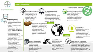 Why sustainability?
• Adverse effect on the
environment and human
health
• Cause of imbalance in soil
biology
• Reported cases of human
intoxication by pesticides in
Brazil: 2178 in 2007  4537 in
2013
• Governments worldwide
putting emphasis on
economic, environmental, and
social sustainability in the
agriculture sector.
• Farmers depending on organic
practices and have initiated
efforts to optimize soil
productivity while
simultaneously preserving
their ability to function as a
healthy medium.
• Shift toward organic
alternatives such as bio
pesticides.
Bayer CropScience
Sustainability Practices
Energy Efficiency Target:
Between 2012 and 2020,
Bayer intends to cut its
specific greenhouse gas
emissions by 20% and
improve its energy
efficiency by 10%.
e3 - Sustainable Cotton
Initiative
Verification programs
documenting the farms where
quality cotton is produced with
environmentally responsible,
economically viable and socially
equitable methods.
Investment in Biopesticide
Acquired AgraQuest, a US-
based biotechnology
company and Prophyta
Biologischer Pflanzenschutz,
a supplier of biological crop
protection products.
Sustainable Potato Venture
Collaborated with Farm Frites
and started a partnership to
support a bottom-up approach
with potato farmers
addressing value-adding
sustainable potato-growing
practices at individual farm
level.
Bayer Labhsutra to
help farmers achieve
better return on
investment by adopting
Bayer’s integrated
solutions which include
Bayer's ‘Seed to Harvest’
packages.
Bayer GrowPro Programme
A pilot project, which promotes
mechanical transplanting of rice.
Customized Bayer Healthy Seedlings
are transplanted in the field for a rice
farmer followed up by an on-field
advisory team from Bayer Crop
Protection solutions.
Grape Project Model
Weather-based advisory
model to manage
residues in grapes
through Bayer spray
program jointly with the
National Research
Centre for Grape.
CIMMYT-Bayer
collaboration to focus on
agriculture-based
management in rice-wheat
rotation and smart farm
mechanization to make farm
management more efficient
and productive.
Global
India
8
 