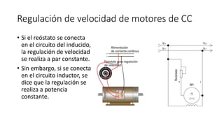 Regulación de velocidad de motores de CC
• Si el reóstato se conecta
en el circuito del inducido,
la regulación de velocidad
se realiza a par constante.
• Sin embargo, si se conecta
en el circuito inductor, se
dice que la regulación se
realiza a potencia
constante.
 