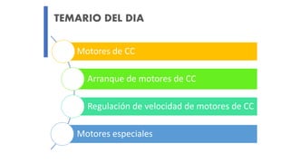 TEMARIO DEL DIA
Motores de CC
Arranque de motores de CC
Regulación de velocidad de motores de CC
Motores especiales
 