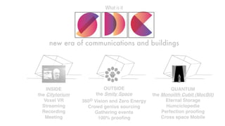 What is it
new era of communications and buildings
INSIDE
the Citytorium
Voxel VR
Streaming
Recording
Meeting
OUTSIDE
the Smity Space
360o Vision and Zero Energy
Crowd genius sourcing
Gathering events
100% proofing
QUANTUM
the Monolith Cubit (MocBit)
Eternal Storage
Humciclopedie
Perfection proofing
Cross space Mobile