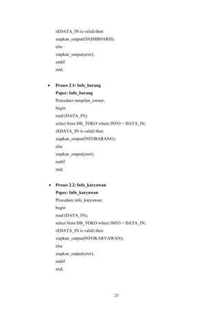 23
if(DATA_IN is valid) then
siapkan_output(DASHBOARD);
else
siapkan_output(eror);
endif
end;
• Proses 2.1: Info_barang
Pspec: Info_barang
Procedure tampilan_owner;
begin
read (DATA_IN);
select from DB_TOKO where INFO = DATA_IN;
if(DATA_IN is valid) then
siapkan_output(INFOBARANG);
else
siapkan_output(eror);
endif
end;
• Proses 2.2: Info_karyawan
Pspec: Info_karyawan
Procedure info_karyawan;
begin
read (DATA_IN);
select from DB_TOKO where INFO = DATA_IN;
if(DATA_IN is valid) then
siapkan_output(INFOKARYAWAN);
else
siapkan_output(eror);
endif
end;
 
