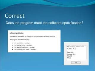 Correct
Does the program meet the software specification?
 