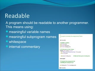 Readable
A program should be readable to another programmer.
This means using:
meaningful variable names
meaningful subprogram names
whitespace
internal commentary
 