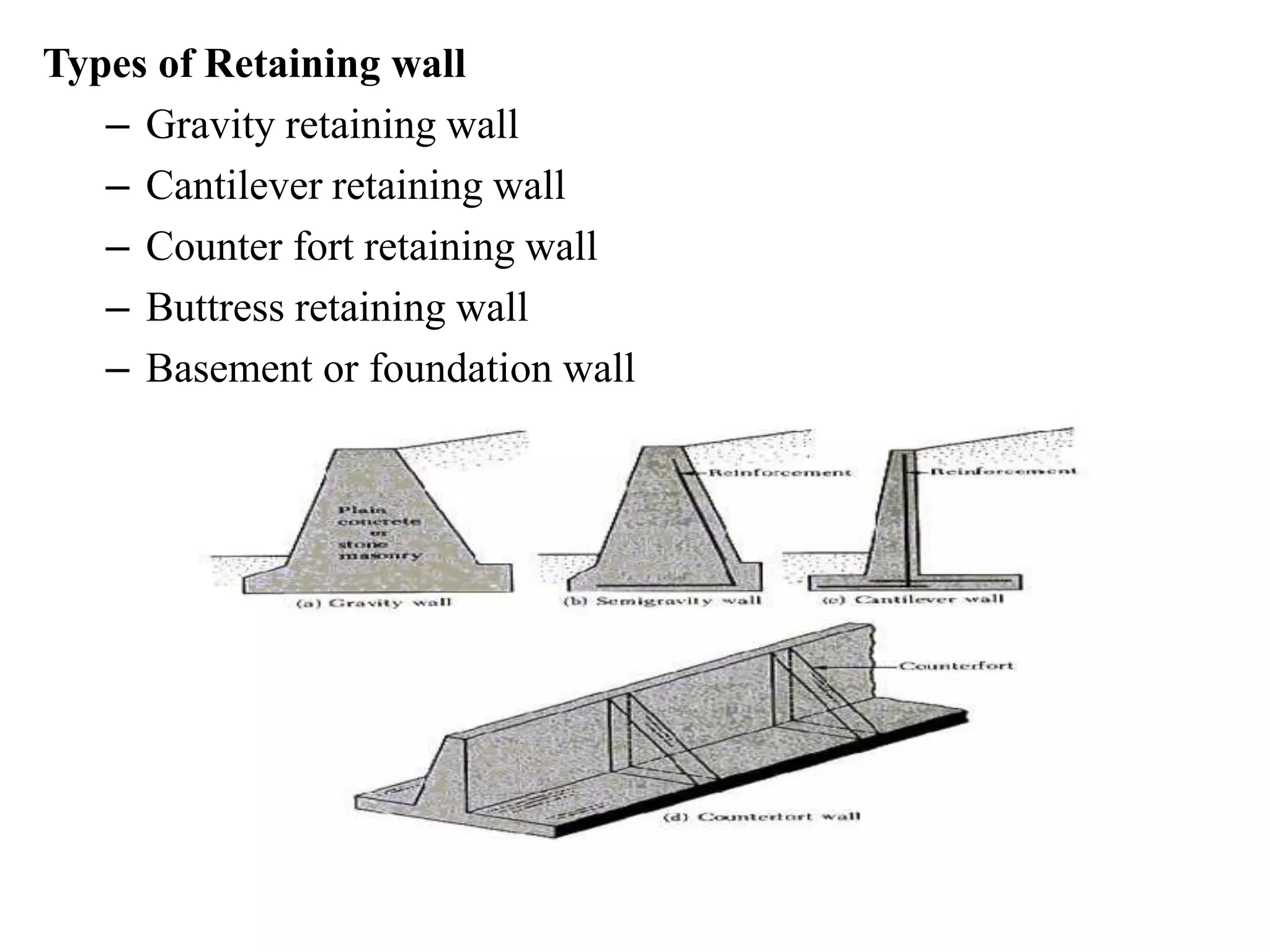 Types of Retaining wall
– Gravity retaining wall
– Cantilever retaining wall
– Counter fort retaining wall
– Buttress retaining wall
– Basement or foundation wall
 