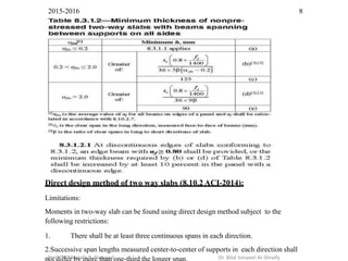 2015-2016 8
Direct design method of two way slabs (8.10.2 ACI-2014):
Limitations:
Moments in two-way slab can be found using direct design method subject to the
following restrictions:
1. There shall be at least three continuous spans in each direction.
2.Successive span lengths measured center-to-center of supports in each direction shall
Prof. Dr. Mustafa B. Dawood Dr. Bilal Ismaeel Al-Shraify
 