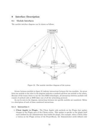 8     Interface Description
8.1     Module Interfaces
The module interface diagram can be shown as follows:




                      Figure 31: The module interface diagram of the system


    Arrows between modules in ﬁgure 31 indicate interactions between the two modules. An arrow
from one module to the other in the diagram indicates a method call from one module to the others.
Because of the teams choice to use the Java RMI technologies, all interaction between modules will
consist of method calls as RMI takes care of all the networking protocol.
    As can be seen in the diagram, interactions between two speciﬁc modules are numbered. Below
is a description of each of these numbered interactions.

8.1.1    Interaction 1
    1. Client Applet to Plugin - The Client Applet calls methods on the Plugin that update
       changes in the Plugin area of the Clients screen. This update is speciﬁc to the plugin itself
       and is deﬁned by the Administrator that builds the plugin. For example, when a Client clicks
       a button on the Plugin section of the ProjectRoom, the Administrator needs deﬁned code



                                                 53
 