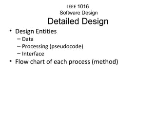 Design Entities Data Processing (pseudocode) Interface Flow chart of each process (method) IEEE  1016  Software Design Detailed Design 