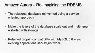 Page cache
invalidation
Aurora Master
30% Read
70% Write
Aurora Replica
100% New Reads
Shared Multi-AZ Storage
MySQL Maste...
