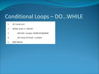 Conditional Loops – DO…WHILE
 