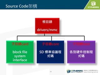 18 
Source Code架構 
根目錄 
drivers/mmc 
子目錄card 
block file 
system 
interface 
子目錄core 
SD 標準協議程 
式碼 
子目錄host 
各別硬件控制程 
式碼 
 