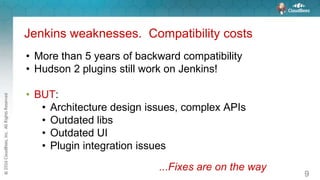Jenkins weaknesses. Compatibility costs
9
• More than 5 years of backward compatibility
• Hudson 2 plugins still work on Jenkins!
• BUT:
• Architecture design issues, complex APIs
• Outdated libs
• Outdated UI
• Plugin integration issues
...Fixes are on the way
 