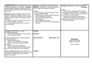 SDD HSC Implementation                                                                                                                                          Page 24 of 43
Concept: Implementation: Hardware environment to           Concept: Implementation: Emerging technologies        Concept: Implementation: Emerging technologies
 enable implementation of the software continued:          Definition: developments in hardware/software can                                          continued:
possible additional hardware: specialised peripherals      have an effect on the development process.
may be needed eg. bar code scanner, optical character                                                            software:
recognition.                                               hardware:                                             § improvements in operating systems & utilities,
                                                           § has continuously moved to smaller parts, faster    more intuitive eg. Norton’s utilities -> communications
appropriate drivers or extensions: drivers are small       processing & bigger memories                          § compatibility problems with existing software eg.
programs required to run tasks carried out by a per-       § digital devices are replacing analogue equipment   Mac OS 10 won’t run OS 9 products
ipherals. Extensions are files that usually are with the   § artificial intelligence is emerging                § programming environments should improve
operating system & assist in the execution of some         § data gloves with electronic sensors                § software isn’t as efficient as it used to be due to
programs.                                                  § voice recognition                                  added functionality & more powerful computers
§ drivers, extensions may need to be part of the          § natural language reproduction                      § backward compatibility
installation process but as an option.                     § DVD’s, CD-RW, thumb drives are changing how we
§ eg. older operating systems may not have net-               store files
working capability




Concept: Implementation: The effects:                      Concept:
of emerging technologies:
§ made available to the greatest number of people         Definition:
    and to the greatest benefit

on the human environment: individual perspective           Summary Points:               News Article: Y/N
through a global one                                       §                                                                        Bibliography:
§ a better standard of living                                                                                                   Fowler’s HSC SDD text
§ new forms on entertainment & information                                                                                      Wilson’s HSC SDD text
§ ability to perform tasks that were previousl            §
impossible                                                                                                                          please turn page.
§ change of employment (redundancy)
§ impacts will vary from economic effects through         §
to environmental effects, local, national & global

on the development process: almost mandatory to            Example:
provide online assistance rather than manuals. Printed
manuals are being distributed in electronic form
rather than on paper.
 