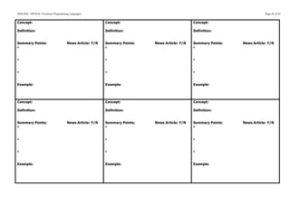 SDD HSC OPTION: Evolution Programming Languages                                                                             Page 42 of 43


Concept:                                                Concept:                              Concept:

Definition:                                             Definition:                           Definition:


Summary Points:                     News Article: Y/N   Summary Points:   News Article: Y/N   Summary Points:   News Article: Y/N
§                                                      §                                    §


§                                                      §                                    §


§                                                      §                                    §


Example:                                                Example:                              Example:




Concept:                                                Concept:                              Concept:

Definition:                                             Definition:                           Definition:


Summary Points:                     News Article: Y/N   Summary Points:   News Article: Y/N   Summary Points:   News Article: Y/N
§                                                      §                                    §


§                                                      §                                    §


§                                                      §                                    §


Example:                                                Example:                              Example:
 