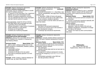 SDD HSC Software Development Approaches                                                                                                                          Page 7 of 43


Concept: Software Development Approaches:                Concept: Software Development Approaches:               Concept: Software Development Approaches:
Trends in software development:                          Trends in software development           continued:     Networked software
outsourcing: hiring an outside organization to handle    popular languages:                                      Definition: software written for use on centralised
all or part of software serverices.                      § structured environments: C++, Visual Basic, Java     networks. Needs to interact with the network oper-
§ no expense of a full Information Tech. department     § informal: spreadsheets, web page,macro recording     ing system which handle the security & communi-
§ effective use of scarce technological assets          databases, SQL                                          cations tasks.
§ difficulty of breaking unsatisfactory contracts       § 3rd generation: COBAL & Fortran still popular        Summary Points:                   News Article: Y/N
§ may not understand the ethos of the organisation      § they all have a formal set of rules called syntax    § business moving toward personal computers that
§ may feel it lost its control of is system             § all use constants, variables & operators             are networked.
                                                         § some are easier to use than others and some run      § security is of particular importance especially with
popular approaches: ranges for ad-hoc to formal.         faster than others.                                     financial transactions & the Internet.
§ web-page editors have encouraged end users                                                                    Network software:
§ customising off the shelf software                    Employment trends:                                      § user interface and the system
§ software accessible to large number of employees      § less likely to be permanent employment               § application: meets the needs of the end user
§ greater distribution of code libraries                § will tend to be contract work to the business or     § database management: manipulation & manage-
§ increasing use of hypermedia                          software development company                            ment of data on the network
§ increased use of authoring languages                  § increasingly high educational requirements           § network: the means by which communications
                                                                                                                 takes place

Concept: Software Development Approaches:                Concept: Software Development Approaches:
Customised off-the-shelf packages                        CASE tools
Definition: software that is purchased off the shelf &   Definition: computer assisted software engineering to
can be modified to fit a scenario in a business eg.      help in the task of software development & mainten-
book keeping software.                                   ance.
                                                         Summary Points:                  News Article: Y/N
Summary Points:                  News Article: Y/N       § general software to aid the software development
§ able to create a software solution from an inte-      can be considered as CASE tools eg. word processor,                       Bibliography:
grated package eg. spreadsheets, Database, graphics,     spreadsheet, graphics software                                      Main: Fowler’s HSC SDD text
word processing                                          § data dictionaries                                            Supplementary: Wilson’s HSC SDD text
§ customizable interface                                § specialist software does exist but we have seen no
§ customizable reports                                  practical examples.
§ conversion of old data to the new system              § management of software development includes
§ lends itself to prototyping approach or an end-       versioning the changes eg. v1.0->v1.1->1.1.1->1.2->
user approach.                                           1.3->v2.0
                                                         § documentation generation using CASE tool
Example: MYOB, Creating a relational database for        § test data generators CASE tool
a specific task. eg. Dean’s Merit Awards
 