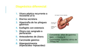 Diagnóstico diferencial:
1. Ulcera péptica recurrente o
resistente al tx
2. Diarrea secretora
3. Hipertrofia de los pliegues
gástricos
4. Esofagitis con estenosis
5. Úlcera con sangrado o
perforación
6. Antecedentes de úlcera
7. Carcinoide gástrico
8. Hipergastrinemia
(hiperacidez-hipoacidez)
 Concentrac. altas de gastrina
 BAO:. +15mEq/H
 Gastrinoma: Gastrina sérica de
200pg/ml
 
