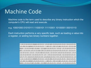 Machine Code
Machine code is the term used to describe any binary instruction which the
computer’s CPU will read and execute.
e.g. 10001000 01010111 11000101 11110001 10100001 00010110
Each instruction performs a very specific task, such as loading a value into
a register, or adding two binary numbers together.
 