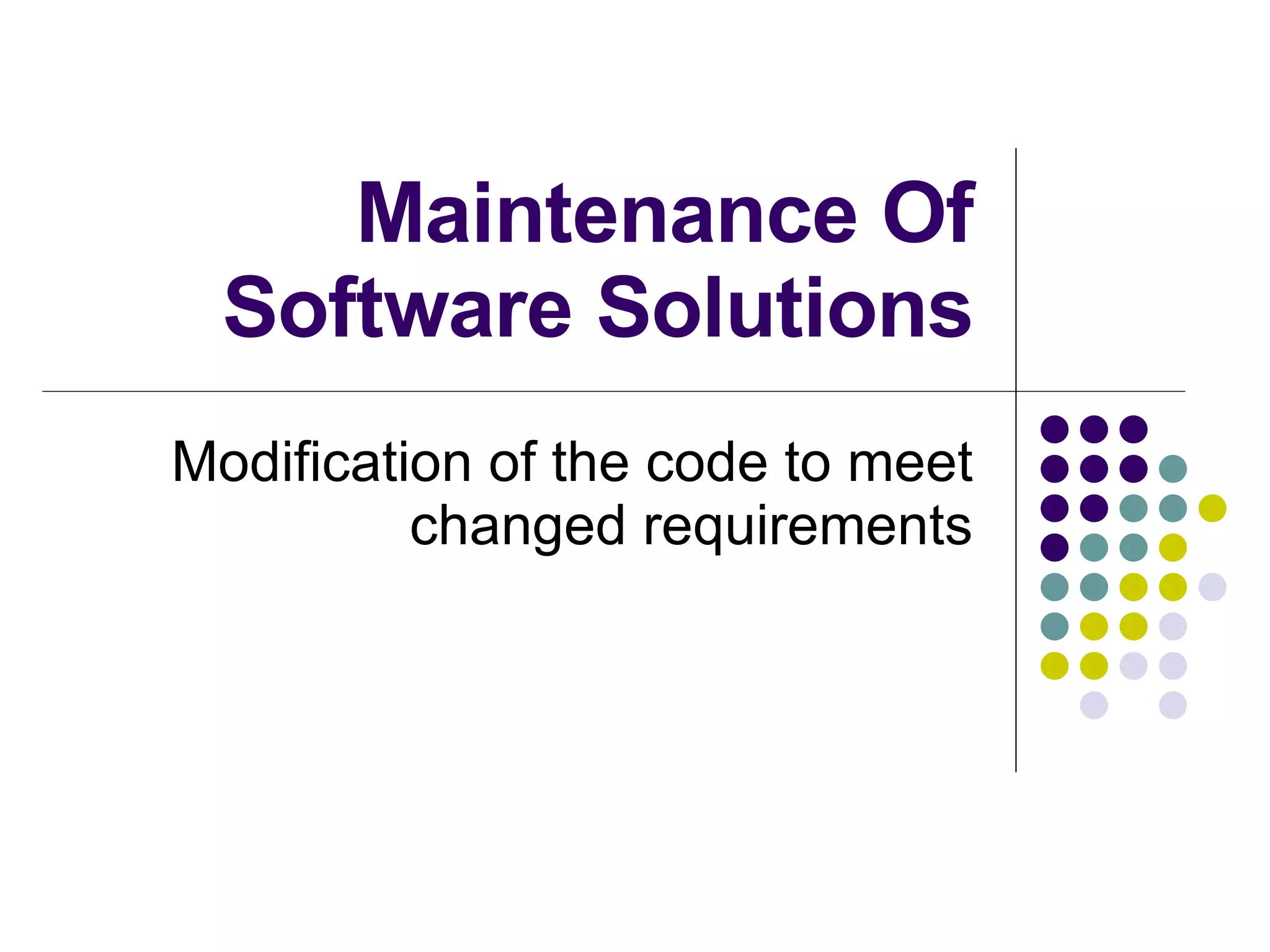 Maintenance Of Software Solutions Modification of the code to meet changed requirements 