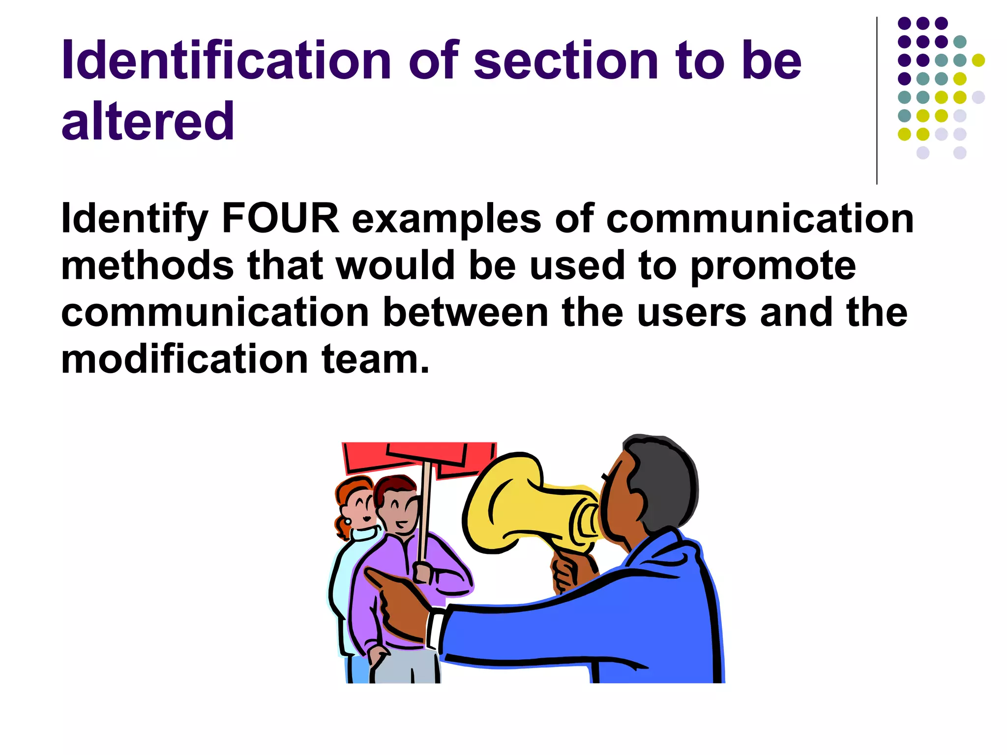 Identification of section to be altered Identify FOUR examples of communication methods that would be used to promote communication between the users and the modification team. 
