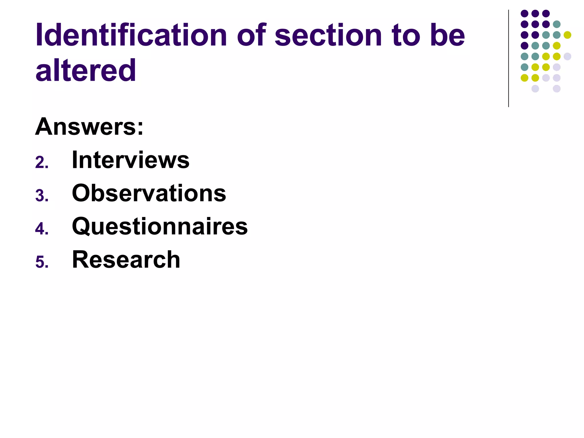 Identification of section to be altered Answers: Interviews Observations Questionnaires Research 
