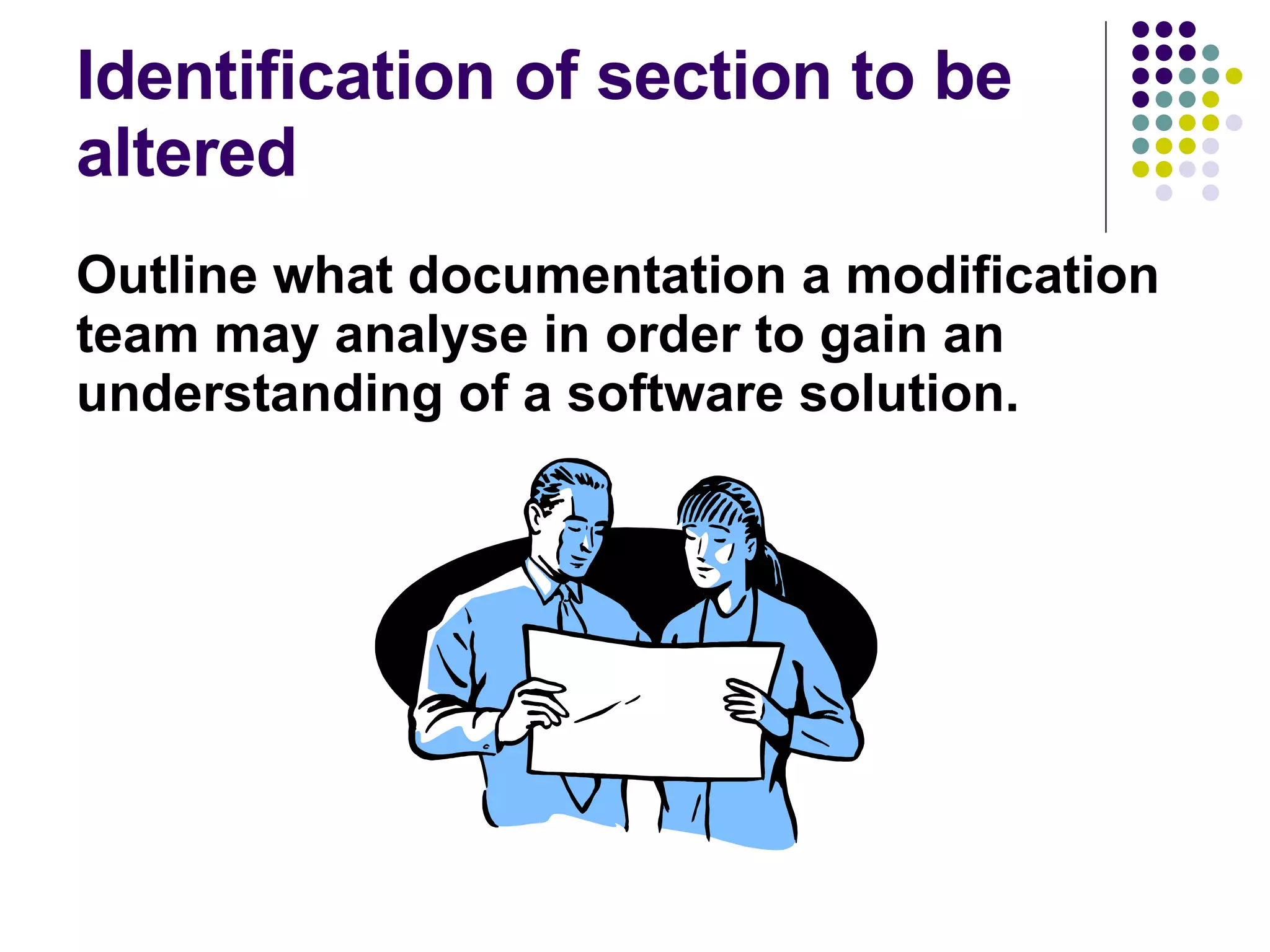 Identification of section to be altered Outline what documentation a modification team may analyse in order to gain an understanding of a software solution. 