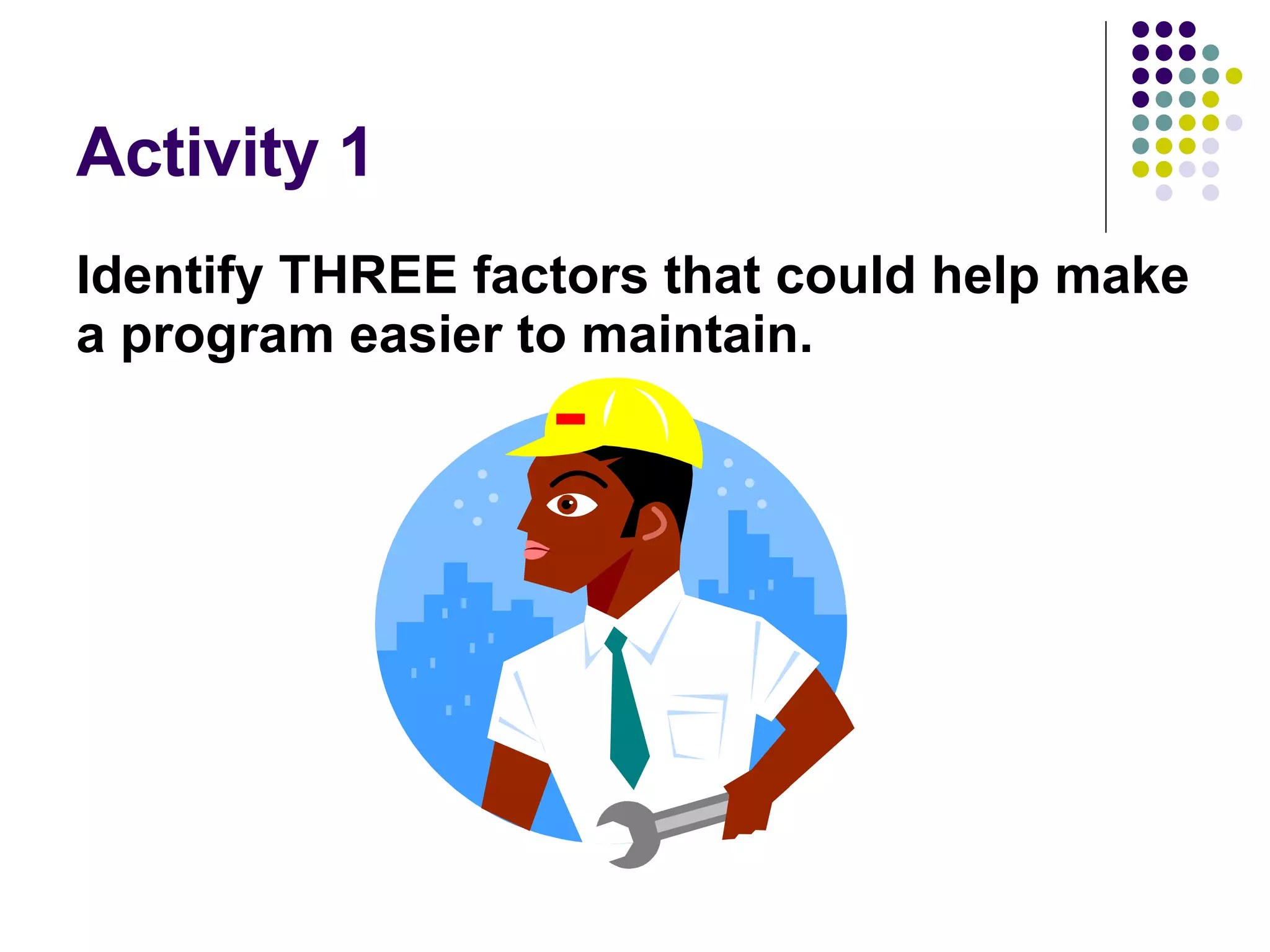 Activity 1 Identify THREE factors that could help make a program easier to maintain. 