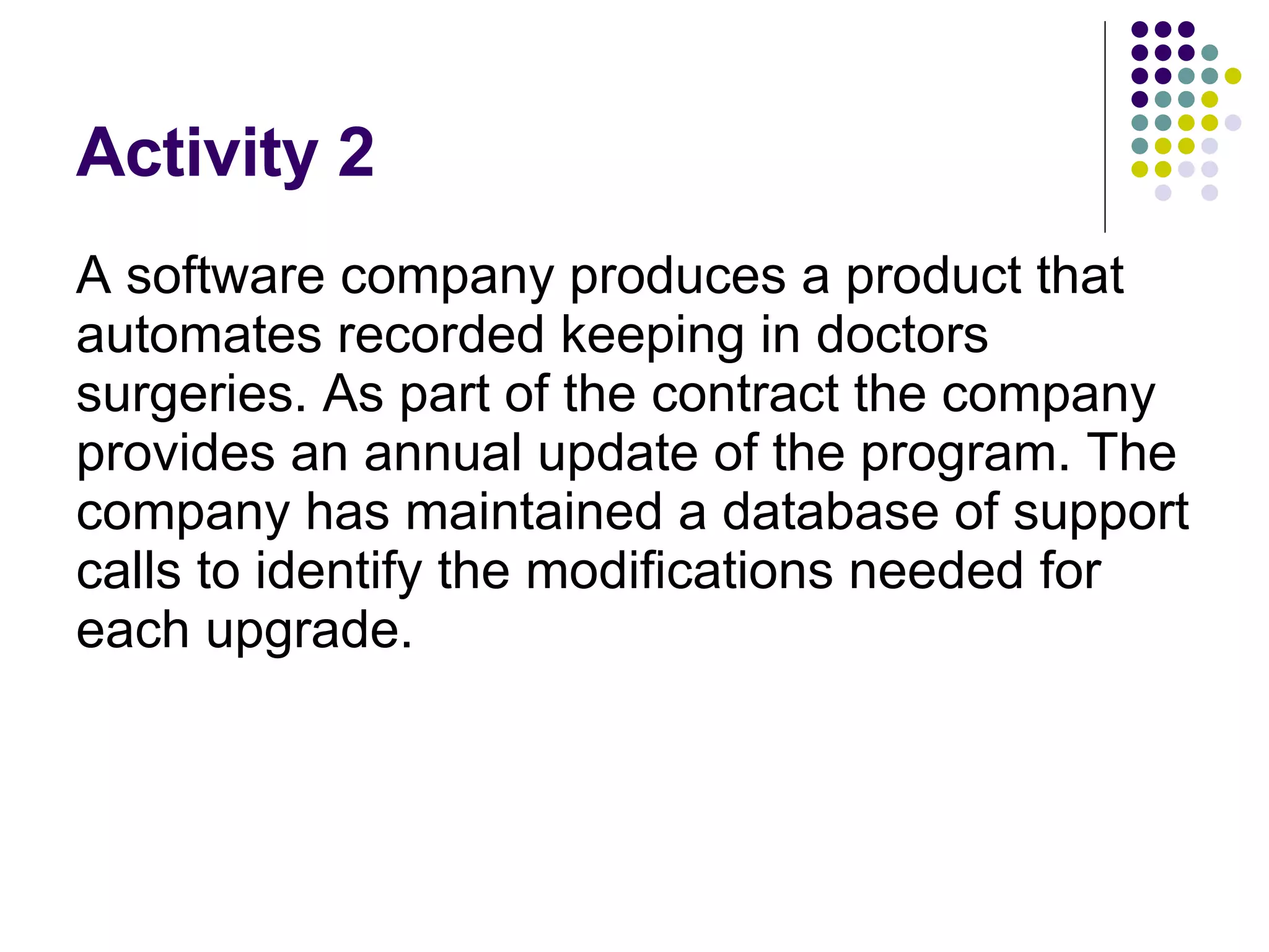 Activity 2 A software company produces a product that automates recorded keeping in doctors surgeries. As part of the contract the company provides an annual update of the program. The company has maintained a database of support calls to identify the modifications needed for each upgrade. 
