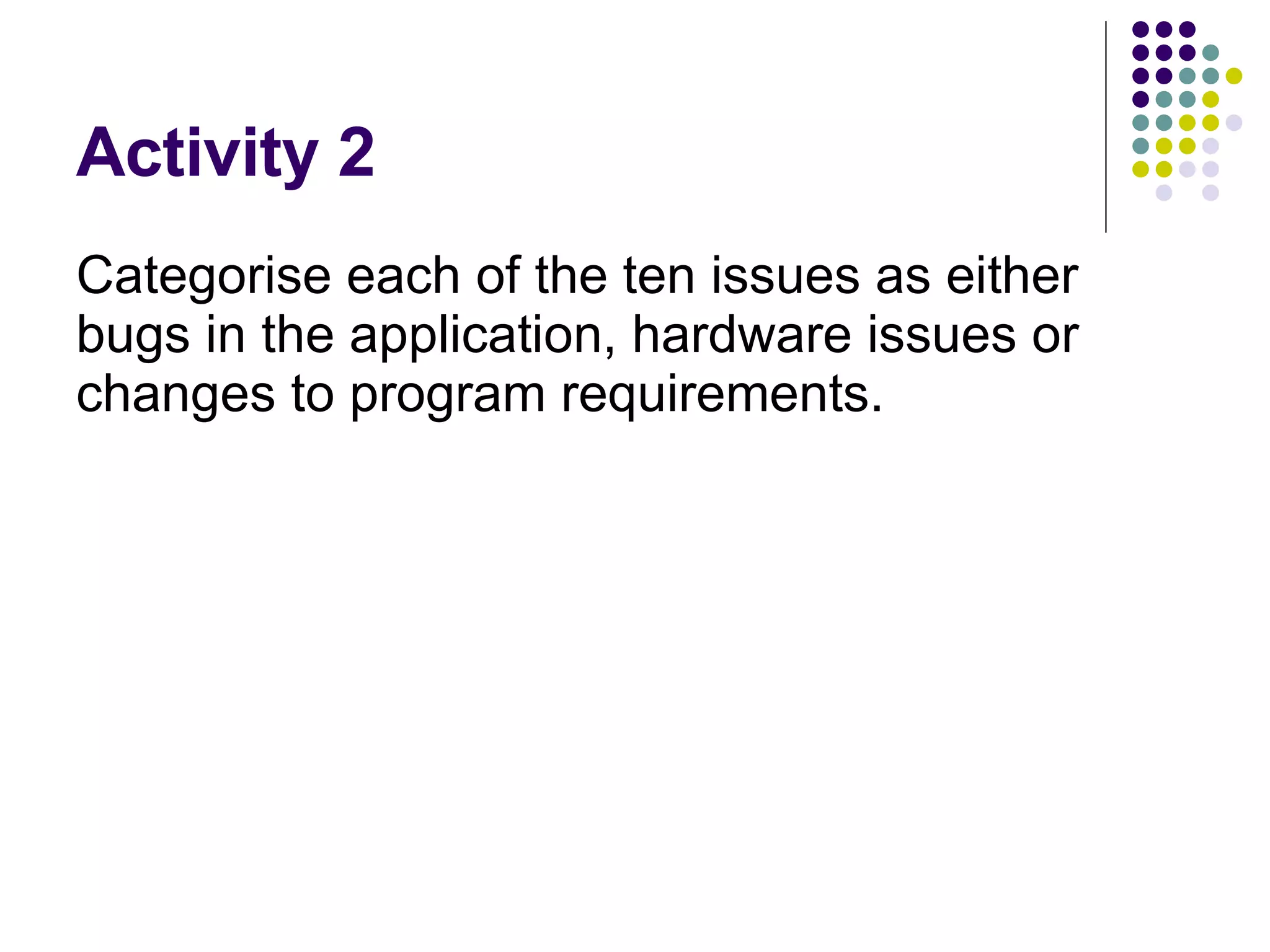 Activity 2 Categorise each of the ten issues as either bugs in the application, hardware issues or changes to program requirements. 