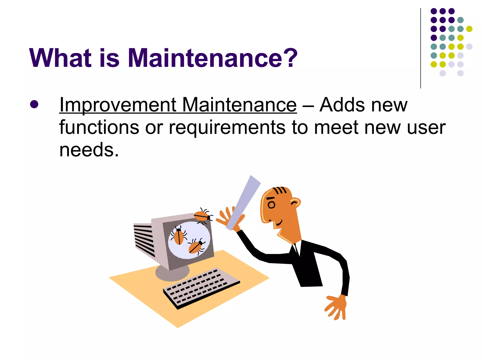 What is Maintenance? Improvement Maintenance  – Adds new functions or requirements to meet new user needs. 