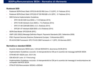 SDDPay/Remunerazione SEDA – Normativa di riferimento
- Rulebook SEPA Direct Debit: EPC016-06 DD RB Core v.7.0 (EPC, 01 Febbraio 2014)
- Rulebook SEPA Direct Debit: EPC222-07 DD RB B2B v.5.0 (EPC, 01 Febbraio 2014)
- SDD Scheme Implementation Guidelines:
- EPC130-08 C2B Core DDIG v. 7.0 (Febbraio 2014)
- EPC114-06 Interbank Core DDIG v. 7.0 (Febbraio 2014)
- EPC131-08 C2B B2B DDIG v.5.0 (Febbraio 2014)
- EPC301-07 Interbank B2B DDIG v.5.0 (Febbraio 2014)
- SEPA Data Model: EPC029-06 (EPC)
- UNIFI (ISO 20022) Message Definition Report: Payments Standards (ISO, Settembre-2009)
- PSD: Payment Services Directive (Parlamento Europeo, 13-Novembre-2007)
- PE-ACH/CSM Framework: EPC170-05 CSM Framework v1.1 (EPC, 05-Gennaio-2007)
Rulebook SDD
- Accordo interbancario SEDA (vers. 3.0A del 06/05/2014, decorrenza 30-09-2014)
- Implementation Guidelines e accordo di interoperatività tra CM per lo scambio dei messaggi dell’AOS SEDA
- STIN-MO-001-SEDA (vers. 00.01.04)
- CBI-AEA-001 (vers. 6.11 fine tuning)
- Implementation Guidelines e accordo di interoperatività tra CM per lo scambio dei messaggi di rendicontazione dei
corrispettivi dell’AOS SEDA
- STIN-ST-003-Remuneration SEDAC e SEDAD
Normativa e standard SEDA
 